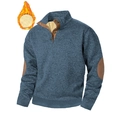 Men's navy knit sweater with button stand collar and warm fleece lining on white background - M / Denim Blue