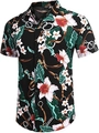 Detailed close-up of tropical floral print and chain pattern on men's short sleeve shirt - S / Black Tropical Chain Pattern (ZT165-6)