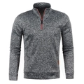 Detail of grey quarter-zip knit sweater featuring a red contrast zipper and leather hem tag - S / Tops / Black & Grey Heathered