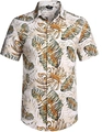 Detail of tropical palm leaf print on loose fit short sleeve Hawaiian shirt - S / Beige Palm Leaf Pattern (ZT165-7)