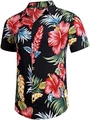 Close-up detail of Hawaiian floral print and button-down collar on men's casual shirt - S / Black Hibiscus Flower Pattern (ZT165-8)