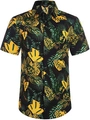 Detail of tropical palm leaf print on loose fit Hawaiian shirt with black buttons - S / Black Yellow Green Palm Leaf Pattern (ZT165-9)