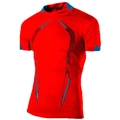 Close-up of quick-dry athletic t-shirt with red fabric and blue contrasting neck trim - Red (Blue Trim)