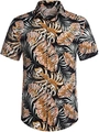 Detail of tropical plant leaf print and button-down collar on casual Hawaiian shirt - S / Black Orange White Leaf Pattern (ZT165-10)