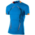 Detail van marineblauw sport-T-shirt met oranje bies en ademende mesh-structuur - S / Tops / Koningsblauw en oranje