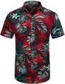 Detail of red Hawaiian shirt featuring tropical green palm leaf prints and button closure - S / Red Tropical Palm Leaf Pattern (ZT165-11)