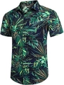Detail of loose Hawaiian shirt featuring vibrant tropical palm leaf and floral prints - S / Dark Blue Green Leaf Tropical Pattern (ZT165-12)
