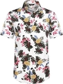 Detail of tropical pineapple and palm leaf print on white cotton Hawaiian shirt - S / White Pineapple Pattern (ZT165-13)