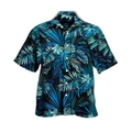Close-up of tropical palm leaf print on navy blue short sleeve Hawaiian shirt - S / Dark Blue Green Palm Leaf Pattern (ZT165-15)
