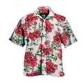 Detailed view of casual short sleeve shirt featuring red rose floral print on white base - S / White Red Rose Pattern (ZT165-16)