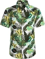 Detail of the tropical floral print on a breathable short sleeve Hawaiian shirt - S / Black Yellow Green Monstera Pattern (ZT165-18)