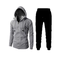 Detailed view of men's gray hooded fleece jacket with unique pleated chest design - Light Gray (Top And Pants)