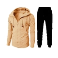 Detailed look at the men's casual hooded sweatshirt and jogger pants sports tracksuit set - Khaki (Top And Pants)
