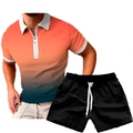 Detail of men's polo set with orange gradient zipper collar and black drawstring shorts - S / Orange Blue Gradient