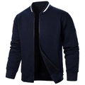Men's navy blue waffle texture zip-up jacket with striped collar and sleeve pocket - S / Tops / Navy Blue