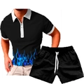 Men's summer 2-piece set featuring a black polo shirt with blue flame print and sports shorts - S / Black Blue Flame