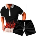 Detail of men's summer zipper polo shirt and shorts set with red flame pattern - S / Black Red Flame