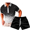 Close-up of men's summer polo shirt set with gradient 3D print and adjustable drawstring shorts - S / Black And White Starry Sky Print
