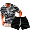 Set estivo da uomo con polo con stampa mimetica grigia e pantaloncini sportivi neri - S / Mimetico Grigio