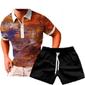 Men's summer casual two-piece set featuring a 3D abstract print polo shirt and black shorts - S / Retro Abstract Multicolor