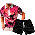 Detail of summer men's 3D print polo shirt with zipper collar and black drawstring shorts - S / Monster Flame