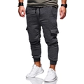 Men's dark grey drawstring cargo joggers with multi-pockets and elastic cuffs - M / Dark Gray