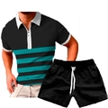 Detail view of men's two-piece summer set with striped polo shirt and drawstring shorts - S / Black Green Horizontal Stripes