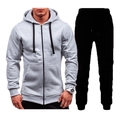 Men's casual tracksuit set featuring a grey zip-up hoodie and minimalist black joggers - M / Zippered Hooded Sporty Two-Piece / Light Gray Hoodie And Black Pants