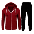 Men's casual tracksuit featuring a red zip-up hoodie and black drawstring sweatpants - M / Zippered Hooded Sporty Two-Piece / Wine Red Hoodie And Black Pants