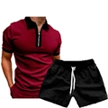 Men's two-piece set featuring burgundy zipper polo shirt and black drawstring shorts - S / Top And Bottom / Burgundy