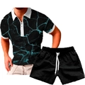 Detail view of men's summer set with blue crackle print polo shirt and black drawstring shorts - S / Black Blue Lightning Crackle