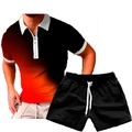 Detail of men's summer 2-piece set with black-red gradient zip polo and drawstring shorts - S / Black Red Gradient