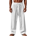 Close-up of men's white linen trousers featuring elastic waistband and drawstring detail - S / White