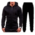 Men's solid black hooded tracksuit featuring a full-zip sweatshirt and jogger pants set - M / Zippered Hooded Sporty Two-Piece / Black Hoodie And Black Pants