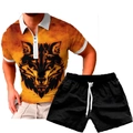 Detail of men's zipper polo with wolf print and black shorts with adjustable drawstring - S / Wolf Head Gradient