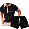 Detail of men's summer set with marble print polo shirt and black drawstring shorts - S / Black Marble Texture