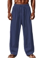 Detail of navy cotton linen trousers featuring elastic waistband and drawstring cords - S / Navy Blue