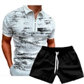 Men's summer casual set featuring a white 3D print zip polo shirt and black drawstring shorts - S / White Black Ink Splatter