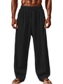 Detail of men's breathable black cotton linen pants featuring drawstring waist and texture - S / Black