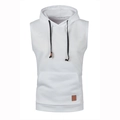 Detail of white hooded vest showing adjustable drawstrings and front kangaroo pocket - White