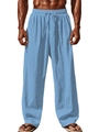 Close-up of light blue linen blend fabric texture and elastic drawstring waistband - S / Blue
