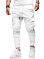 Detail of white cotton joggers featuring elastic drawstring waist and large 3D cargo pockets - M / White