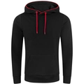 Detail van de zwarte hoodie met rode trekkoorden en zachte katoenen gebreide textuur - M / Zwart