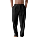 Men's breathable black linen trousers with elastic drawstring waist and loose fit - S / Black
