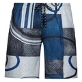 Detail showing elastic waistband with drawstring on 3D printed blue beach shorts - XS / Bottoms / Blue White Grey Patchwork Abstract Print (ZK87-20)