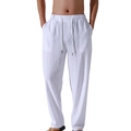 Men's loose white linen trousers with drawstring waist and straight leg fit - S / White