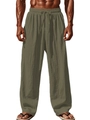 Detail of army green cotton linen pants featuring elastic drawstring waist and textured fabric - Army Green