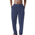 Men's breathable navy blue cotton linen pants with elastic drawstring waist and loose fit - S / Dark Blue
