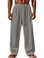 Detail of light gray cotton linen joggers showing elastic drawstring waistband and texture - Khaki