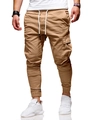 Close-up of khaki cargo joggers with elastic drawstring waist and large side pockets - Khaki